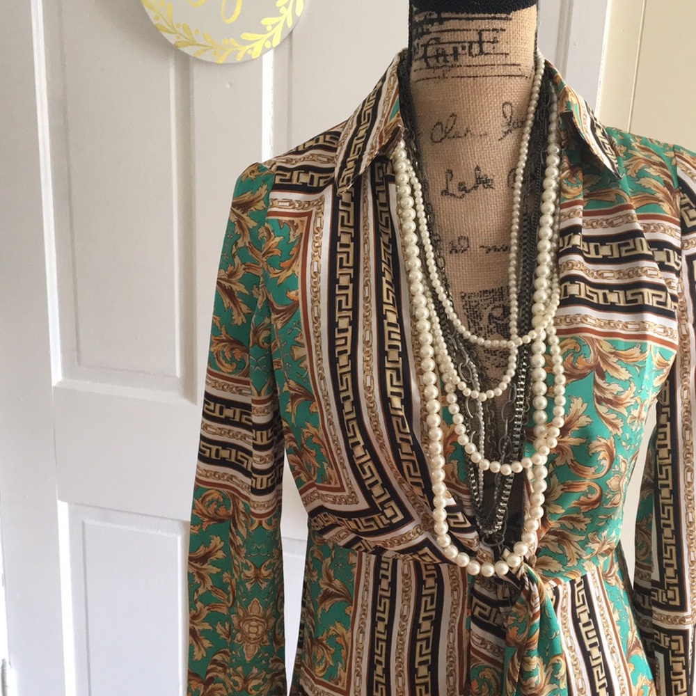 RARE • FORVER 21 • Gorgeous Baroque Maxi Coat Duster Green, Gold, Black & White - Picture 4 of 16